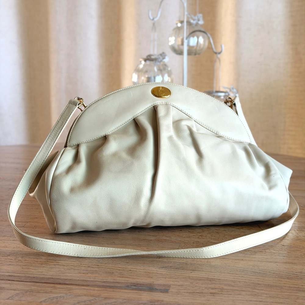 Vtg 80s Mark Cross Cream Leather Pleated Frame Shoulder Bag Made in Italy 1989